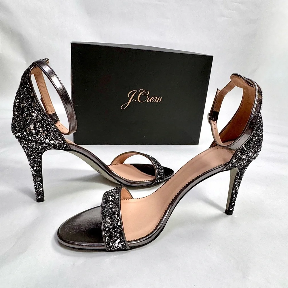 NEW - J. Crew Riley Sandal Stiletto Heels Silver Gunmetal Glitter Size 9.5 NIB